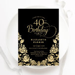 Invitation 40e anniversaire Black Gold Roses<br><div class="desc">Soirée de 40e anniversaire en or noir. Design classique avec rose,  faux feuille d'or et police de script de typographie. Carte invitation tendance parfaite pour une célébration anniversaire élégante. Personnalisez avec vos propres détails. Peut être customisé à n'importe quel âge. Invitations Zazzle imprimées ou téléchargement instantané modèle imprimable numérique.</div>