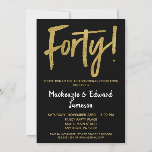Invitation 40e anniversaire Black Gold Script (Devant)