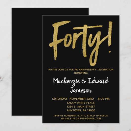 Invitation 40e anniversaire Black Gold Script (Devant / Derrière)