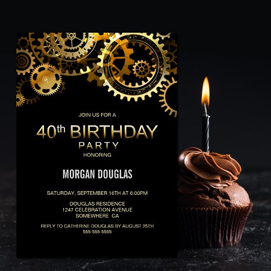 Invitation 40e Anniversaire Black Gold Steampunk Montres