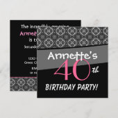 Invitation 40e anniversaire Black White Pink Ornate Diamonds  (Devant / Derrière)