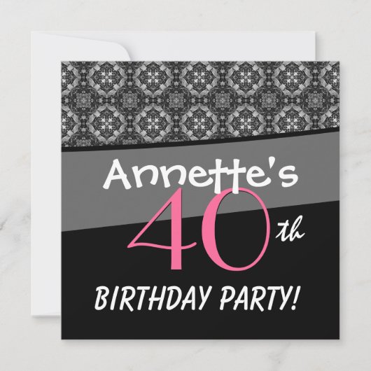Invitation 40e anniversaire Black White Pink Ornate Diamonds  (Devant)