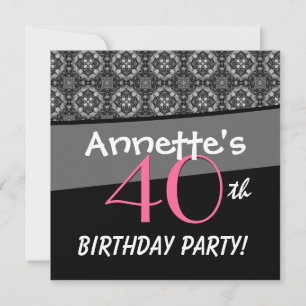 Invitation 40e anniversaire Black White Pink Ornate Diamonds