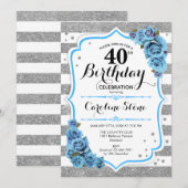 Invitation 40e anniversaire - Bleu Argent Blancs (Devant / Derrière)