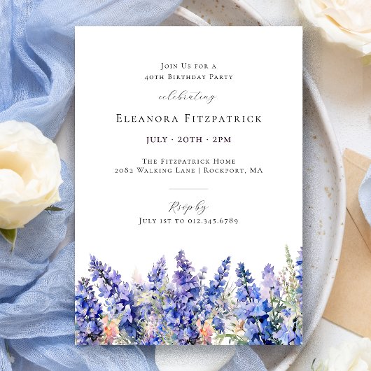 Invitation 40e anniversaire Bleu Larkspur Juillet Fleur de na