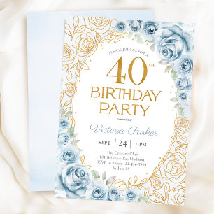 Invitation 40e Anniversaire Bleu Poussiéreux Or Floral Fémini