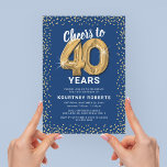 Invitation 40e anniversaire Blue Gold<br><div class="desc">Elégante invitation de fête de quarantième anniversaire avec un arrière - plan bleu tendance qui peut être changée à n'importe quelle couleur,  parties scintillant brillante or,  quarante ballons d'or hélium,  et un moderne modèle de texte de célébration de 40e anniversaire qui est facile à personnaliser.</div>