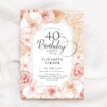Invitation 40e anniversaire Blush Pink Gold Floral<br><div class="desc">Aquarelle fleurie 40e anniversaire invitation fête. Belle décoration féminine élégante aux accents botaniques tropicaux peints à la main et au feuillage doré. Doté d'orchidées délicates aquarelles, roses, pivoines, feuilles de bananes séchées, gazon de pampas et police typographique tendance. Vous pouvez choisir des invitations imprimées et/ou le modèle numérique de téléchargement...</div>