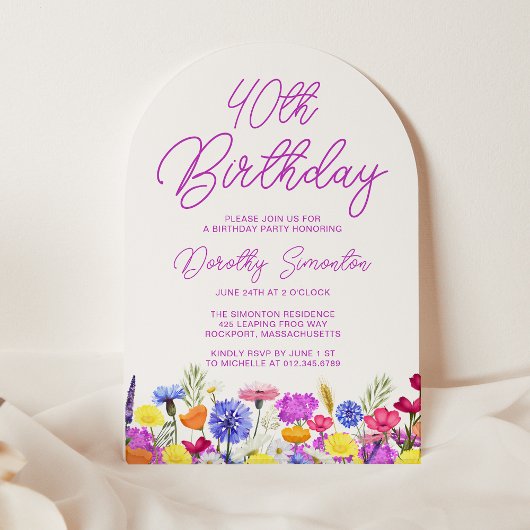 Invitation 40e Anniversaire Boho Purple Fleur sauvage Arch
