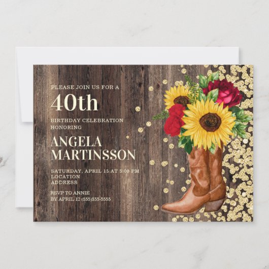 Invitation 40e anniversaire Bottes rustiques tournesol Roses  (Devant)