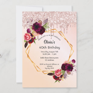 Invitation 40e anniversaire bouillon rose or parties scintill