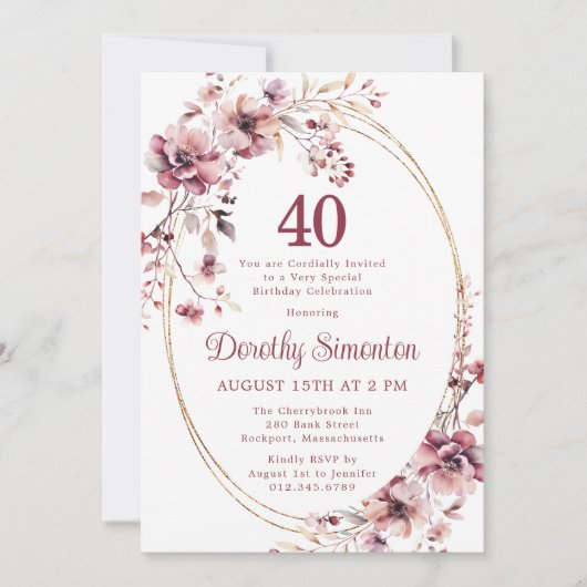 Invitation 40e anniversaire Bourgogne Blush Fleur sauvage ros (Devant)