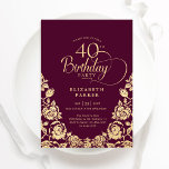 Invitation 40e Anniversaire Bourgogne Rose d'or<br><div class="desc">Soirée de 40e anniversaire en or bordeaux. Design classique avec rose,  faux feuille d'or et police de script de typographie. Carte invitation tendance parfaite pour une célébration anniversaire élégante. Personnalisez avec vos propres détails. Peut être customisé à n'importe quel âge. Invitations Zazzle imprimées ou téléchargement instantané modèle imprimable numérique.</div>