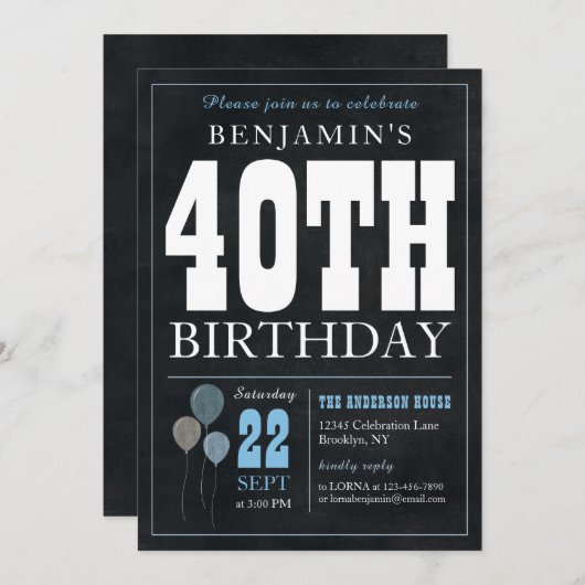 Invitation 40e anniversaire Chalkboard Blue Balloon Rustic Ch (Devant / Derrière)