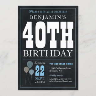 Invitation 40e anniversaire Chalkboard Blue Balloon Rustic Ch