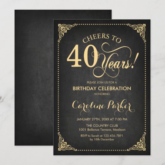 Invitation 40e anniversaire - Chalkboard Gold (Devant / Derrière)