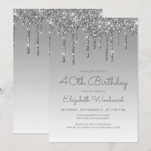Invitation 40e anniversaire chic paillettes gouttes d'argent (Devant / Derrière)
