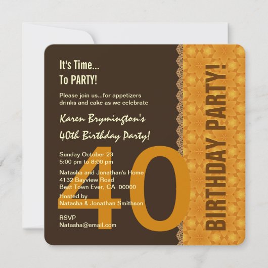Invitation 40e anniversaire Chocolat et or avec dentelle V04B (Devant)