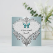 Invitation 40e Anniversaire Coeur doux Turquoise Bleu Papillo (Debout devant)