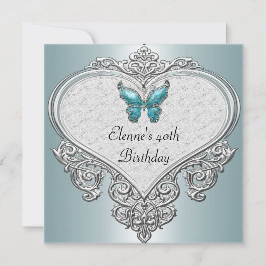Invitation 40e Anniversaire Coeur doux Turquoise Bleu Papillo (Devant)