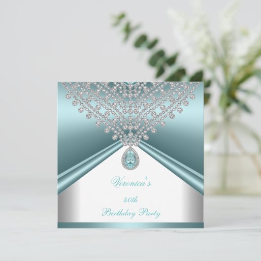 Invitation 40e anniversaire de fête Turquoise Bleu Diamants B (Debout devant)