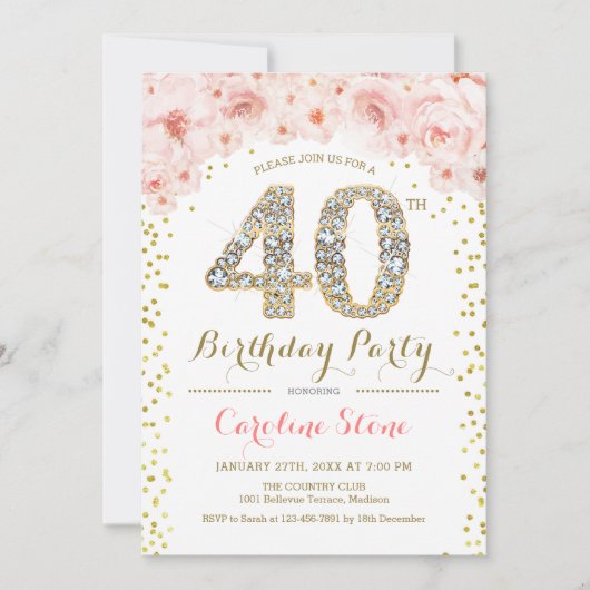Invitation 40e Anniversaire de la fête Blanc or rose (Devant)