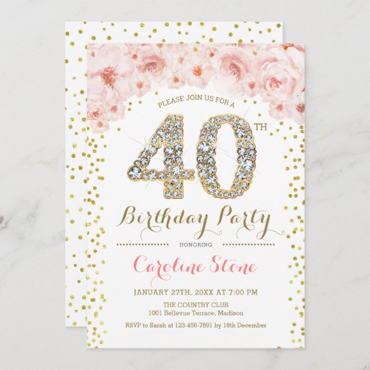 Invitation 40e Anniversaire de la fête Blanc or rose (Devant / Derrière)