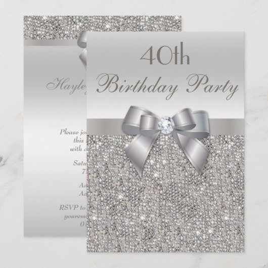 Invitation 40e anniversaire de la fête Séquins d'argent, Bow  (Devant / Derrière)