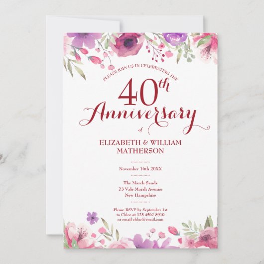 Invitation 40e anniversaire de l'Mariage de ruby Floral (Devant)