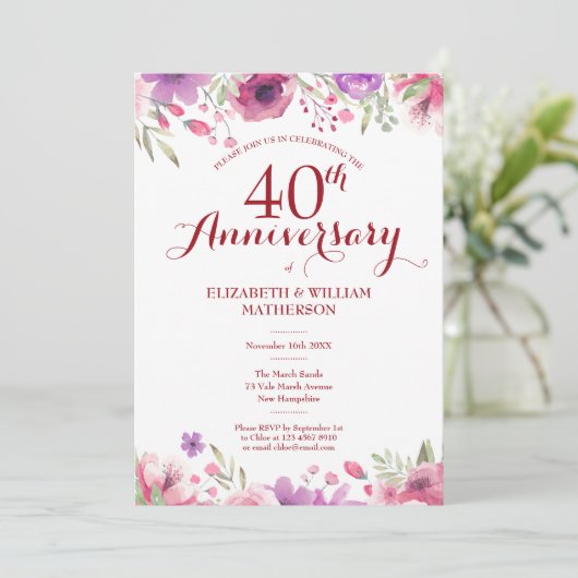 Invitation 40e anniversaire de l'Mariage de ruby Floral (Debout devant)