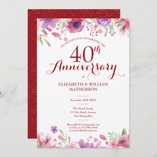 Invitation 40e anniversaire de l'Mariage de ruby Floral (Devant / Derrière)