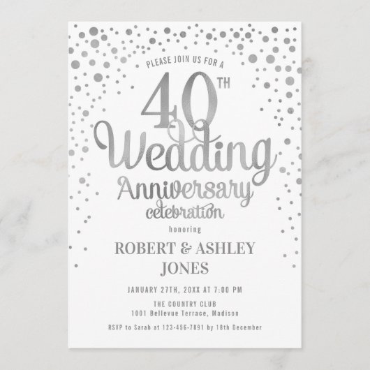 Invitation 40e anniversaire de mariage - Argent et blanc (Devant)