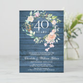 Invitation 40e anniversaire de mariage Blue Rustique Floral (Debout devant)