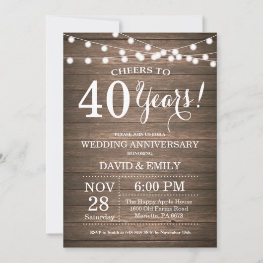 Invitation 40e anniversaire de mariage Bois rustiq (Devant)