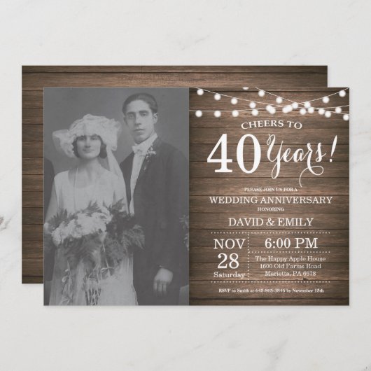 Invitation 40e anniversaire de mariage Bois rustique (Devant / Derrière)