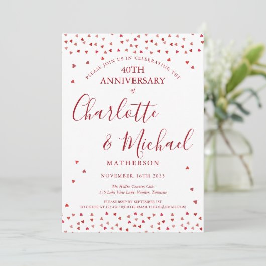 Invitation 40e Anniversaire de Mariage Cœurs de Rubis Script (Debout devant)