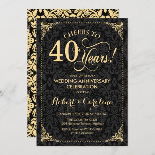 Invitation 40e anniversaire de mariage - Damask noir or (Devant / Derrière)