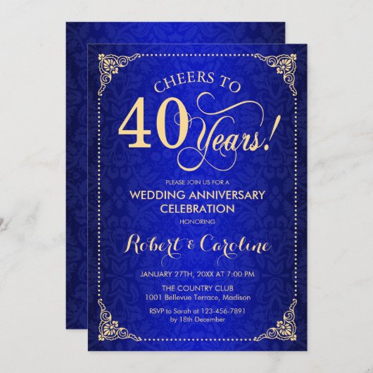 Invitation 40e anniversaire de mariage - Damask or bleu or (Devant / Derrière)