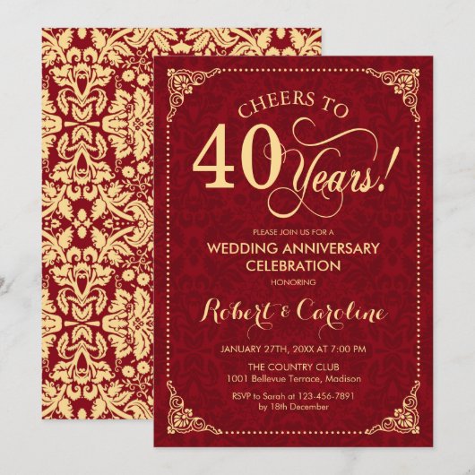 Invitation 40e anniversaire de mariage - Damask or Ruby Red G (Devant / Derrière)