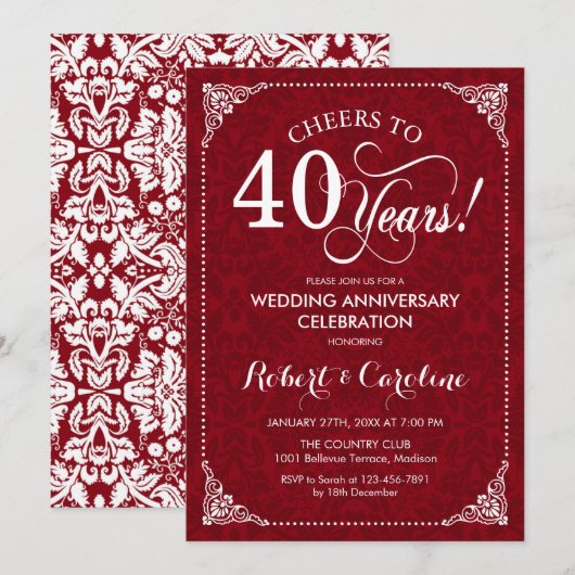 Invitation 40e anniversaire de mariage - Damask rouge blanc r (Devant / Derrière)
