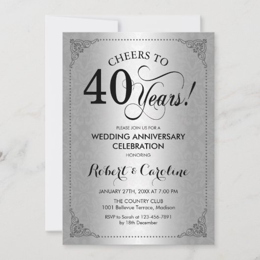 Invitation 40e anniversaire de mariage - Damassé noir argent (Devant)