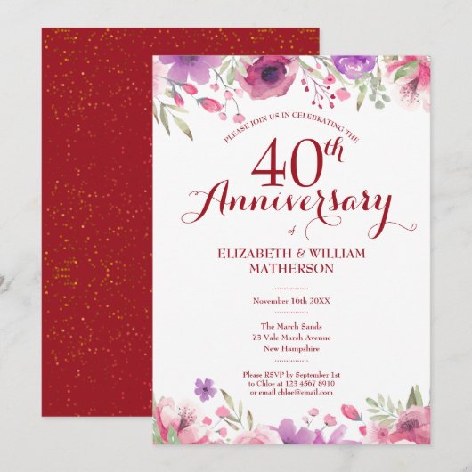 Invitation 40e anniversaire de mariage de rubis aquarelle flo (Devant / Derrière)