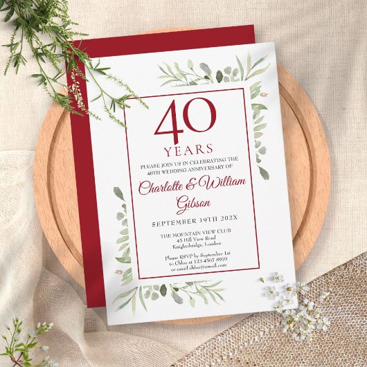 Invitation 40e anniversaire de mariage de rubis Élégante verd