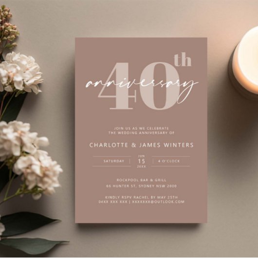Invitation 40e anniversaire de mariage écriture beige minimal
