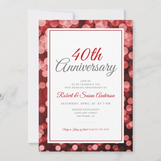 Invitation 40e anniversaire de mariage | Élégant Bokeh rouge (Devant)