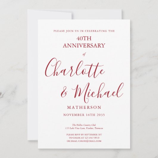 Invitation 40e anniversaire de mariage élégant script rubis (Devant)