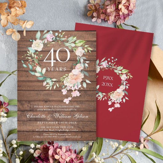 Invitation 40e anniversaire de mariage en bois rustique flora