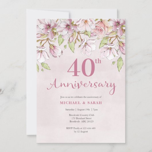 Invitation 40e anniversaire de mariage Fleurs rose (Devant)
