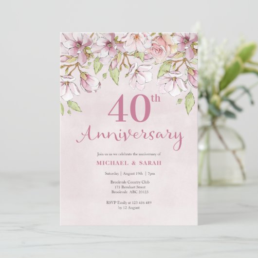 Invitation 40e anniversaire de mariage Fleurs rose (Debout devant)