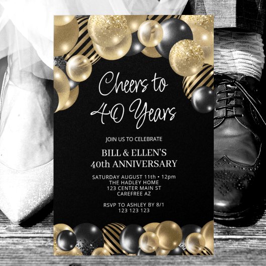 Invitation 40e anniversaire de mariage Moderne Noir et Or